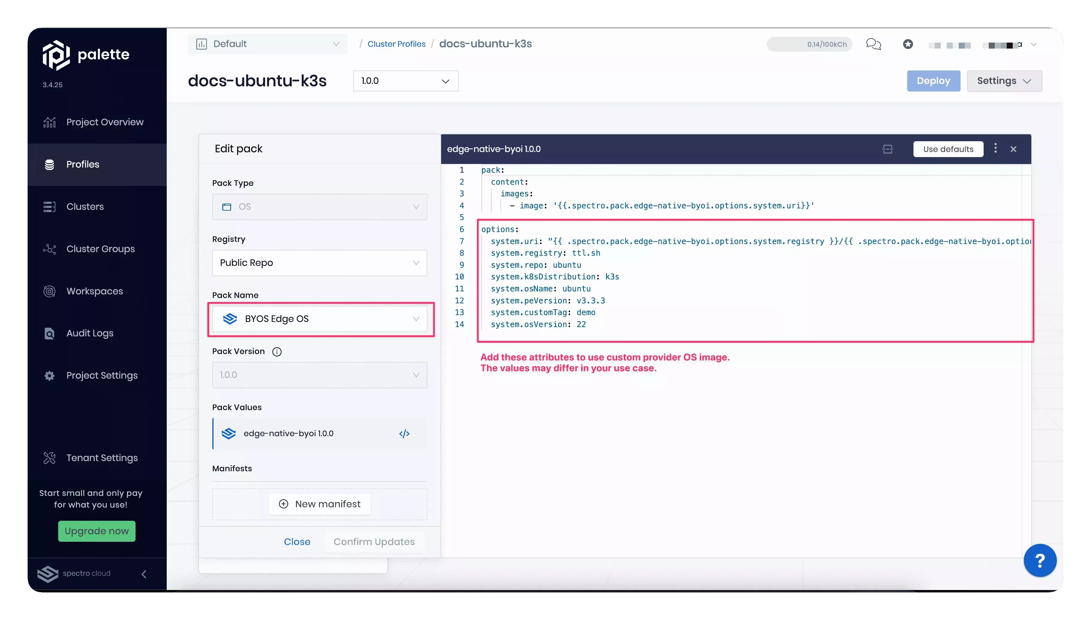 A screenshot of k3s OS layer in a cluster profile.