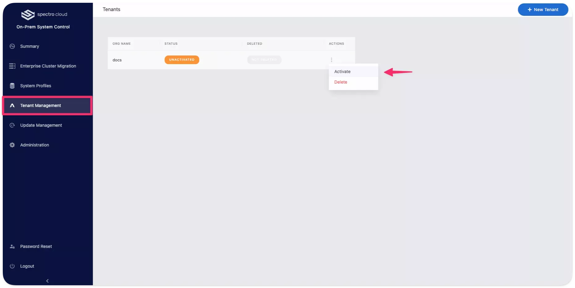 View of a tenant activation option